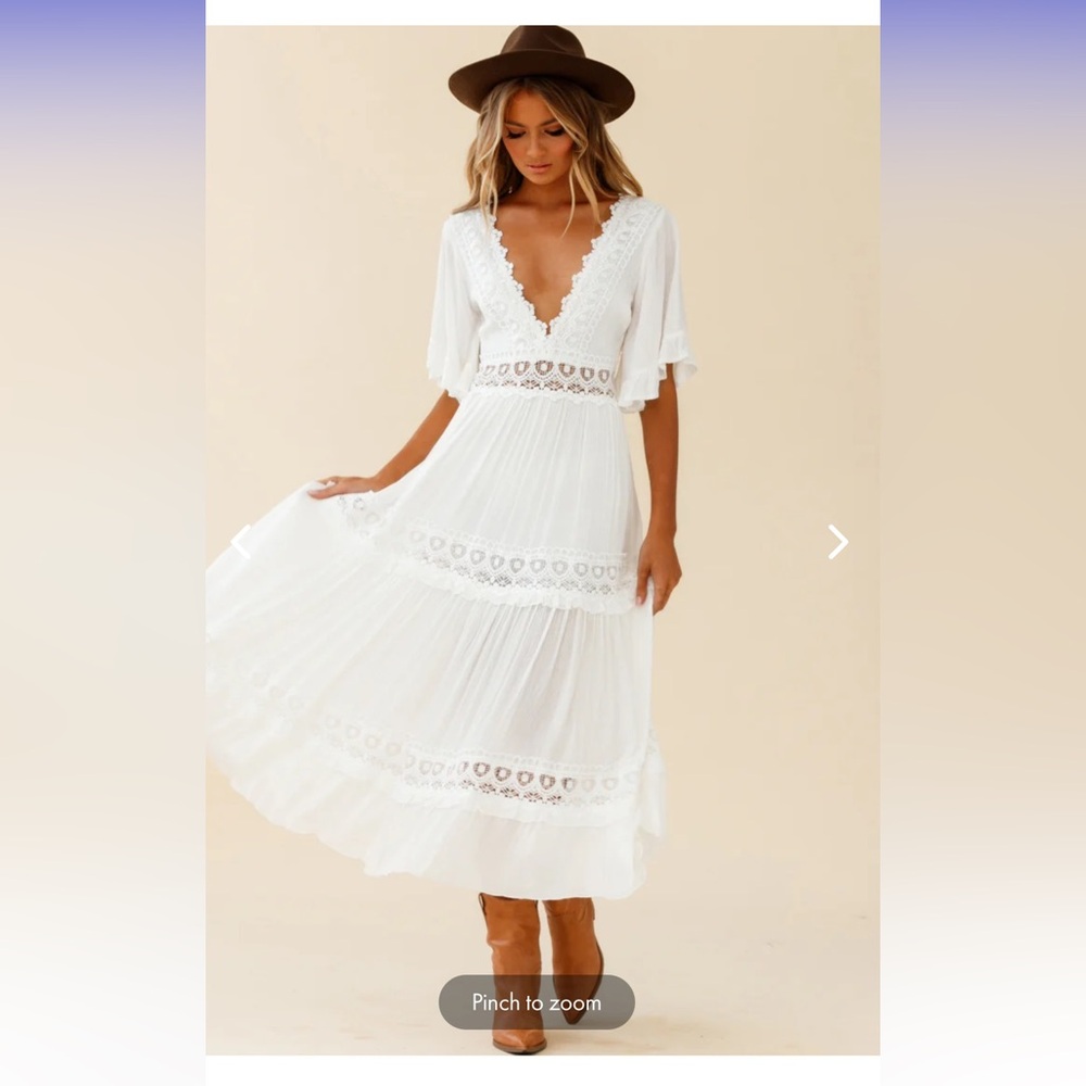 Selfie Leslie- Indio Crochet Insert Deep V-Neckline Angel Sleeve Maxi Dress